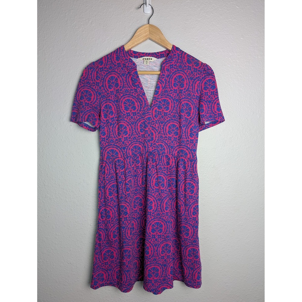 Boden Dress Womens 2P Pink Fit & Flare Short Sleeve V-Neck‎ Jersey Floral